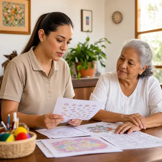 Cuidadora usando actividades imprimibles con una adulta mayor